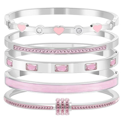 Camhanno Pink Heart Bangle Bracelets for Women - 18K Gold Plated Stackable Stainless Steel, Friendship & Love Jewelry Gift for Her - color: Silver+Pink
