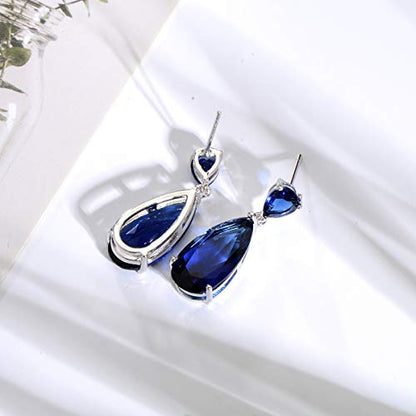 Wedding Jewelry Set for Bridesmaids - Sterling Silver Teardrop CZ Crystal Cubic Zirconia Rhinestone Diamond Bridal Necklace Earrings Set for Bride Mother of Bride Party Prom Birthstone Costume Jewelry - color: Sept-Sapphire