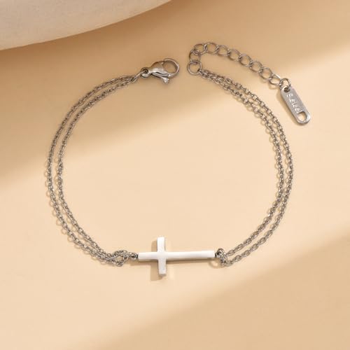 18K Gold Plated Pearl Beaded Cross Bracelets for Women Adjustable Stainless Steel Dainty Thin Gold Box Cuban Twisted Link Chain Bracelet Bridesmaid Jewelry Gifts - color: Double O Cross-White Gold