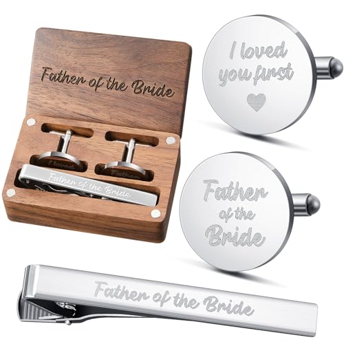 Colingmill Father of the Bride Gift Dad of the Bridegroom Cufflinks Tie Clip Set with Engraved Wood Gift Box for Dad - style: Father of the Bride, First