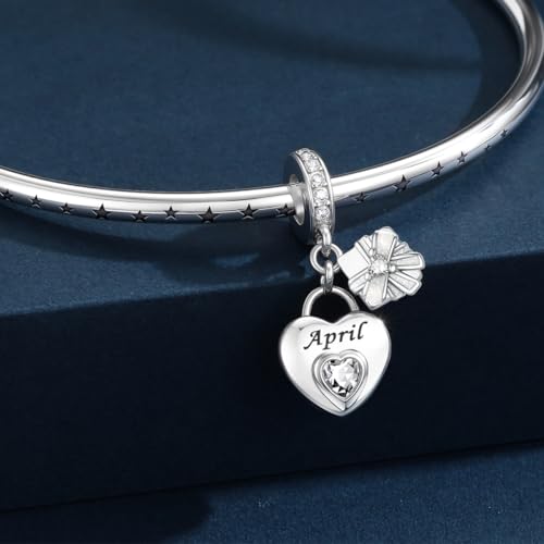 HappyStar 925 Sterling Silver Happy Birthday Bead Charm Love Heart Shape Birthstone Charms for Bracelets Dangle Pendant with 5A Cubic Zirconia Compatible Pandora Bracelets Jewelry Gift for Women - color: 4-April Birthstone Charms