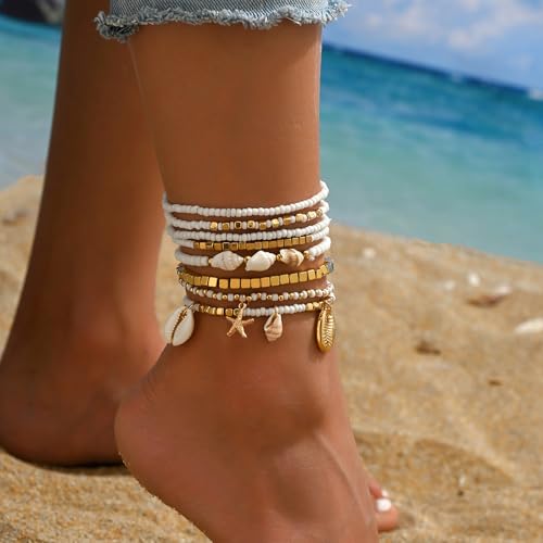 Qceasiy Starfish Ankle Bracelets for Women, Boho Beaded Beach Anklets Set | Gold-plated layered anklets in seashell, disc, and conch styles, with stretch or adjustable fits for summer beach outfits. - color: Gold 2