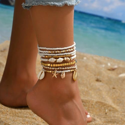 Qceasiy Starfish Ankle Bracelets for Women, Boho Beaded Beach Anklets Set | Gold-plated layered anklets in seashell, disc, and conch styles, with stretch or adjustable fits for summer beach outfits. - color: Gold 2