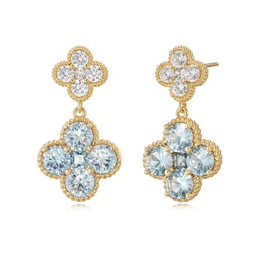 MTMY Dangle Earrings for Women 14K Gold Plated Four Leaf Clover Dangling Drop Birthstone Stud Earrings Trendy Flower Birthstone Jewelry Birthday Gifts - style: Mar.-Aquamarine