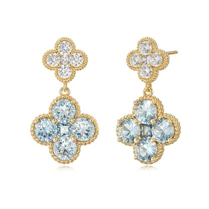 MTMY Dangle Earrings for Women 14K Gold Plated Four Leaf Clover Dangling Drop Birthstone Stud Earrings Trendy Flower Birthstone Jewelry Birthday Gifts - style: Mar.-Aquamarine