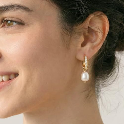 Pearl Earrings VeroSteel Dangle Earrings for Women, Dainty 14k Gold Huggie Hoop Earrings with Pearls, Trendy Pearl Drop Earrings, Stainless Steel Hypoallergenic Stud Earrings For Sensitive Ears - style: Diamond