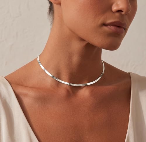WomenGifts 14K Gold Silver Plated Herringbone Necklace for Women, Dainty Snake Chain Choker, Trendy Simple Long Layered Jewelry Non Tarnish, 3/4/5/8mm,14,16,18,20,22,24,26 Inch Thin & Chunky Options - color: Silver, style: 3mm-12.8inch