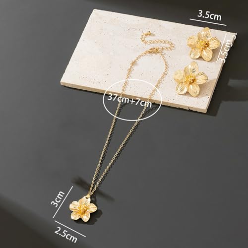 Gold Flower Jewelry Set For Women, 5 Pcs Chunky Golden Floral Pendant Necklace Bracelet Earrings Ring Set Statement Flower Jewelry Gifts For Beach Wedding - color: 2pcs-necklace+earrings