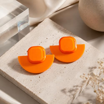 Orange Acrylic Earrings Geometric Semicircle Square Statement Studs, Lightweight Glossy Resin Jewelry for Women Party Vacation Outfits