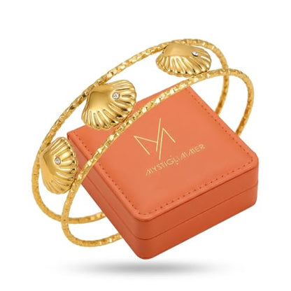 Starfish Open Cuff Bracelet for Women – 18K Gold Plated Stainless Steel, Adjustable Ocean-Inspired Arm Cuff, Waterproof, Hypoallergenic Beach Jewelry Gift - color: 3 Seashell