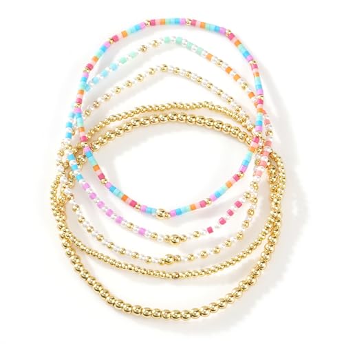 14K Gold Plated Beaded Bracelets Stack Set for Women,Stretch Boho Ball Jewelry Friendship Trendy - color: Pink