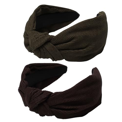 Cuizhiyu 2PK Corduroy Knotted Headbands for Women Cute Olive Wide Top Knot Headband Fashion Brown Headband Hairhoop Hair Accessories (Color B) - color: Color B