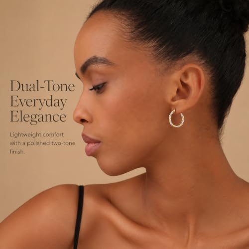 LeCalla Real 925 Sterling Silver Textured Two-Tone Three-Tone 14K Gold Plated Lightweight Italian Design Hoop Earrings for Women Diameter 25,30,40,45,50mm - color: Two-Tone Small-20mm