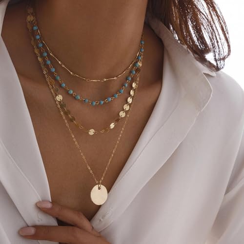HUASAI Boho Necklaces for Women Dainty Layered Choker Necklace Bohemian Turquoise Necklace Statement Jewelry Western Cowgirl Country Concert Outfits Accessories - color: A-Coin
