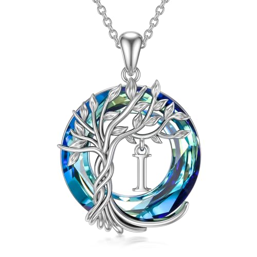 TOUPOP Gifts for Women Tree of Life Initial Necklace 925 Sterling Silver Letter Pendant with Blue Crystal Birthday Jewelry Gifts for Women Her Mom Wife Daughter - color: Tree of Life I Initial