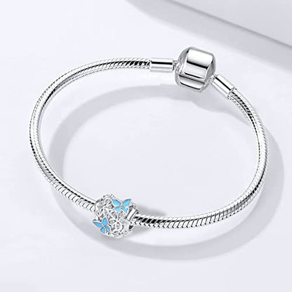 Butterfly Flower Garden Charm Magnolia Bloom Crystal Opennwork Enamel Bead for Pandora Charm Bracelet - style: Bule Butterfly Flower