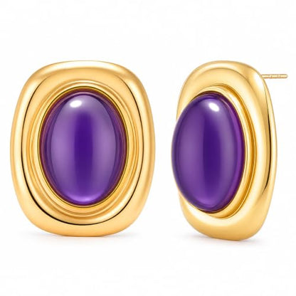 Chunky Gold Stud Earrings for Women 18K Gold Plated Hypoallergenic Chunky Statement Earrings Big Natural Crystal Stone Earring Gift for Women - color: Amethyst