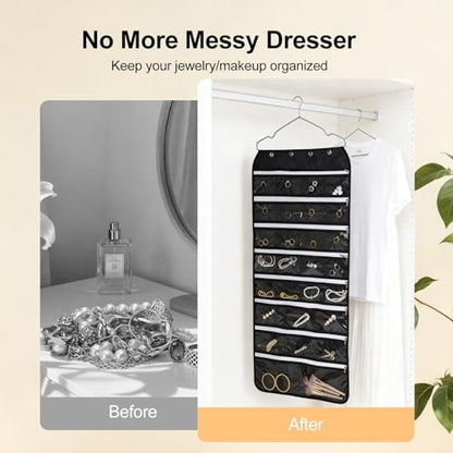 Hanging Jewelry Organizer Storage Roll 56 Zippered Pockets with Detachable Hanger Double-Sided Foldable, Travel Jewelry Holder for Earrings, Rings, Bracelets, Hanging on Closet, Wall, Door, Black - size: 56 Zippered Pockets