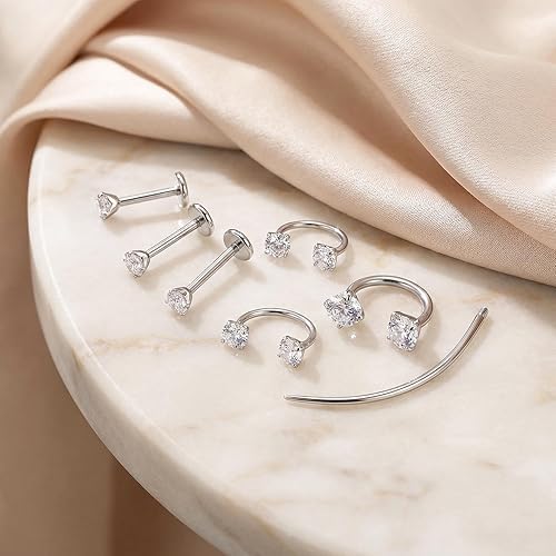 18G CZ Horseshoe Nose Rings with Flat Back Labret Studs and Tool | 316L surgical steel and 14K gold finish options for healed nose septum lip and ear piercings with easy daily changes