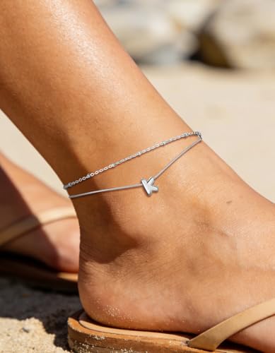 ChainsHouse Initial Ankle Bracelets for Women Waterproof, 14K Gold Plated Layered Initial Anklets Non Tarnish, Adjustable Stainless Steel Women's Ankle Summer Beach Foot Jewelry - color: Stainless Steel, size: Initial K