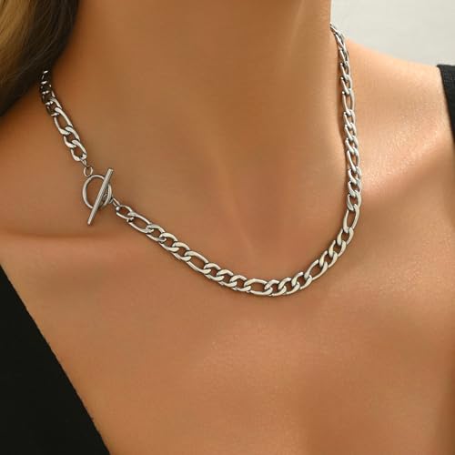 Chunky Gold Necklace for Women, 18K Gold Plated Paperclip, Figaro Link Chain Necklace, Toggle Clasp Necklaces, Trendy Non Tarnish Jewelry, Christmas Gifts - style: Figaro Toggle 17.7''-White Gold