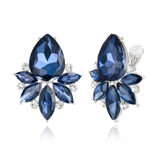 Flyonce Vintage Rhinestone Clip On Stud Earrings, Non-Piercing | Fancy Crystal Cluster, Teardrop Art Deco, Non Pierced, For Wedding Bridal Brides, Formal, Hypoallergenic - color: Dark Blue Silver-Tone