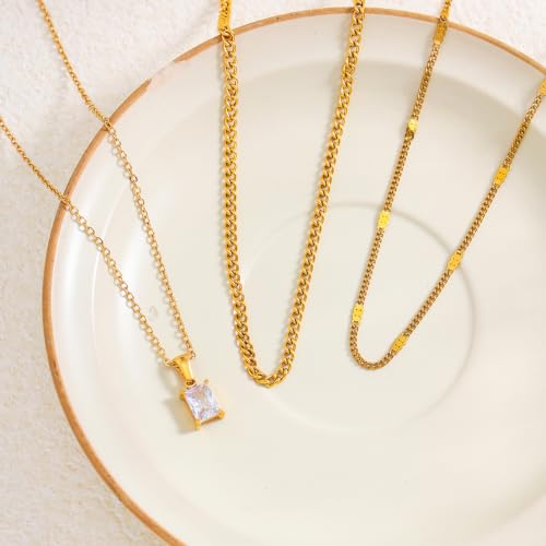 Layered Gold Necklaces for Women,18K Plated Gold Zirconia Necklace | Non Tarnish Trendy Jewelry Gift Cuban Chain Choker - color: color-1