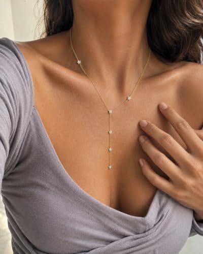 14K Gold Plated Lariat Necklace for Women, Dainty Star Drop Long Necklaces CZ Y-Shaped Pendant Necklaces for Women Trendy Jewelry - color: star