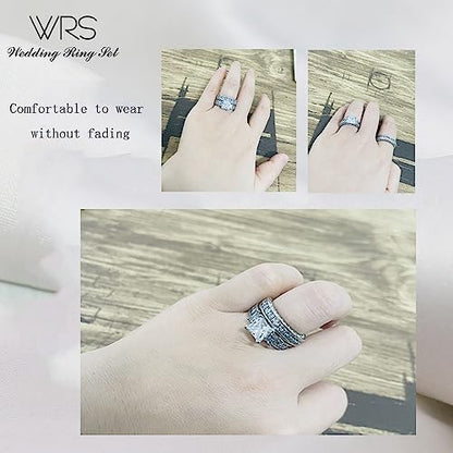 His Hers Wedding Ring Sets Couples Matching Rings Women's 10k White Gold Filled Square CZ Wedding Engagement Ring Bridal Sets & Men's Tungsten Carbide Wedding Band - style: women's size 5.5 & men's size 11