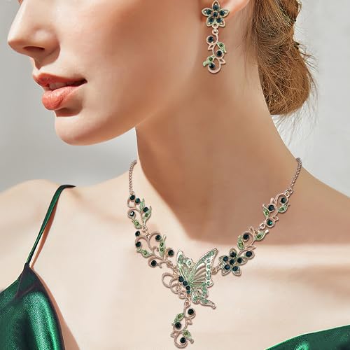 EleQueen Women's Crystal Butterfly Flower Leaf Necklace Earrings Set | Crystal Jewelry Set for Brides Bridesmaids, Necklace Set for Party - color: Green