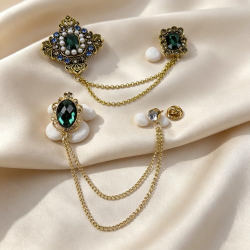 9PCS Men's Brooch Suit Pin with Chains Suit Tuxedo Accessory for Men | Crystal Rhinestone Crown Hanging Chain Brooch with Stone Detailing