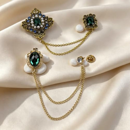 9PCS Men's Brooch Suit Pin with Chains Suit Tuxedo Accessory for Men | Crystal Rhinestone Crown Hanging Chain Brooch with Stone Detailing