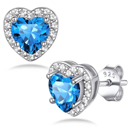 Bestyle Sparkling 925 Sterling Silver Birthstone Stud Earrings for Women, Heart/Round/Teardrop/Square Solitaire Diamond Studs Earrings, Great Birthday/Christmas Gifts - style: 12. Blue Topaz-Dec.-heart