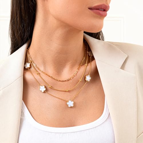 MPRAINBOW Gold Layered Necklace for Women - 3Pcs 18K Gold Plated Floral Necklaces, Stainless Steel Stackable Cuban Link Chain Non Tarnish Trendy Jewelry, Herringbone Chains Christmas Birthday Gifts - color: White 01