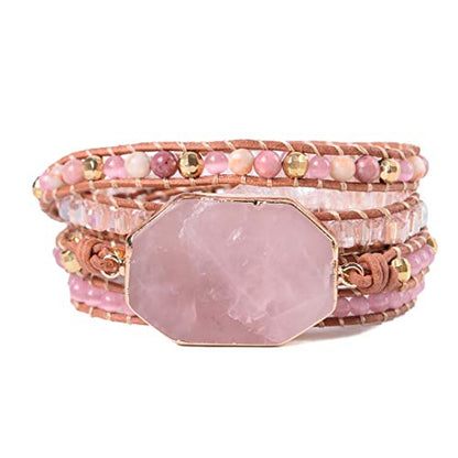 YGLINE Boho Handmade Natural Stone Wrap Bracelets Jasper Crystal Beads Bracelet Jewelry - color: pink crystal