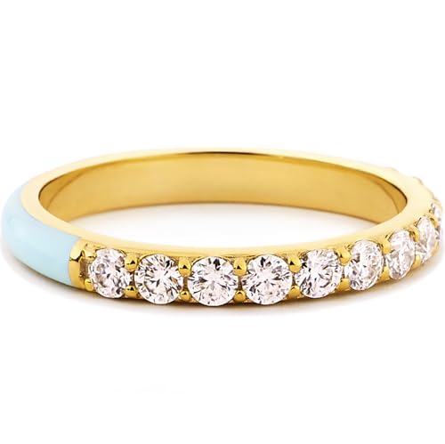 STORYJEWELLERY Eternity Band Rings for Women, Enamel Ring, Blue Ring, Stackable Wedding Bands for Women, 18K Gold Plated Cubic Zirconia Rings