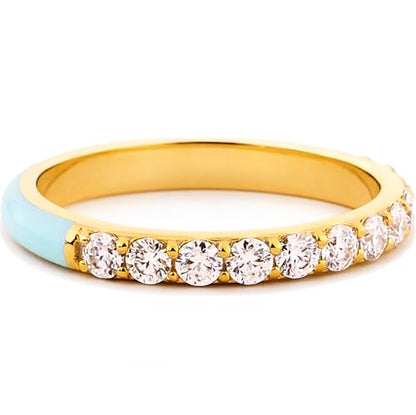 STORYJEWELLERY Eternity Band Rings for Women, Enamel Ring, Blue Ring, Stackable Wedding Bands for Women, 18K Gold Plated Cubic Zirconia Rings