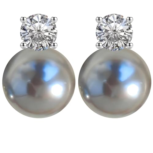 Faux Pearl Cubic Zirconia Stud Earrings, Hypoallergenic Lightweight Round Pearl Studs for Women - color: Blueish Silver, size: Pearl 12mm-CZ 6mm