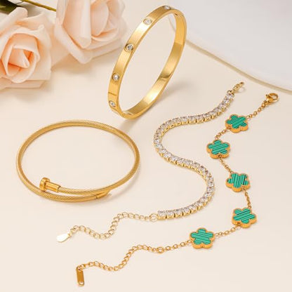 Gold Bracelets for Women, 18K Gold Plated Women Tennis Bracelets Clover Nail Love Bangle Bracelet Set, Gold Bracelet Stackable Set Trendy Jewelry, Gifts for Women's Day and Mother's Day - color: 07-Color-green