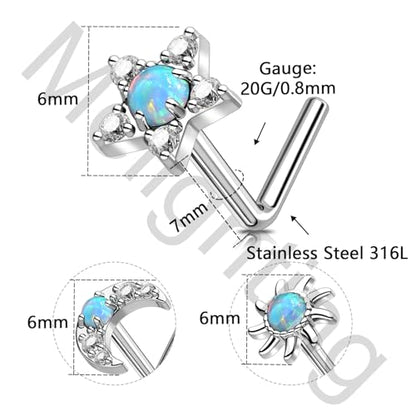 MeIighting 3pcs 20G L-Shaped Nose Ring Set, 7mm Star and Moon Nose Studs, Stainless Steel 316L Nose Jewelry with White Opal and Zircon, Celestial Nose Piercing Jewelry for Women