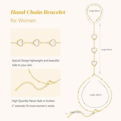 Hand Chain Bracelets for Women 14K Gold Plated Dainty Link Bracelet Bracelets Trendy Ring Bracelet Birthday Jewelry Gifts for Women - style: White Heart
