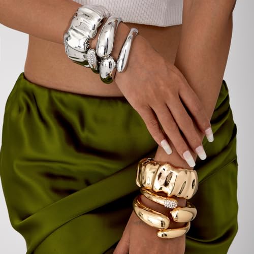 Big Chunky Gold Bracelets Set for Women 3Pcs Cuff Wide Bracelet Trendy High Shine Bracelets Minimalist Open Wide Cuff Bracelets Gold Bangle Bracelet Jewelry for Women - style: B-Gold
