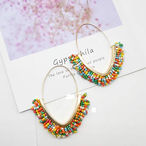 V-Shaped Beaded Dangle Earrings - Statement Drop Fringe Earrings, Boho Handmade Tassel Jewelry Gift for Women - color: Colorful