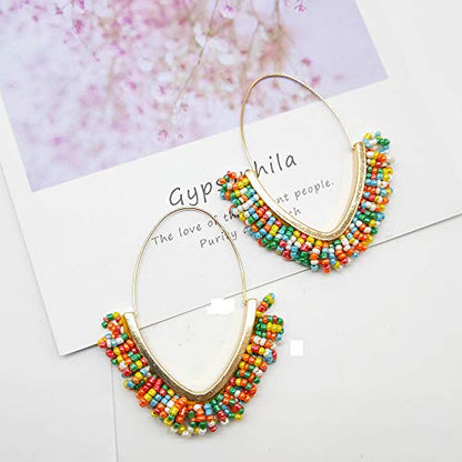 V-Shaped Beaded Dangle Earrings - Statement Drop Fringe Earrings, Boho Handmade Tassel Jewelry Gift for Women - color: Colorful