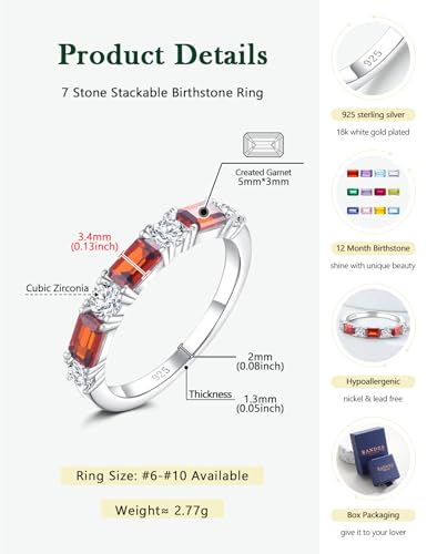 3.5mm Half Eternity Band Sterling Silver Rings for Women Sapphire/Ruby/Emerald and Cz Wedding Bands 7 Stone Stackable Birthstone Ring Anniversary Jewelry Size 6-10 - color: 01-Garnet-Jan.