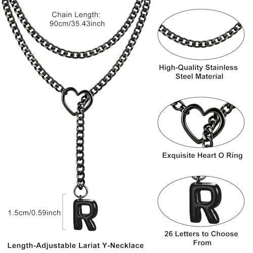 Black Heart Slip Chain Initial Necklaces for Women, Stainless Steel Wrap Choker Necklace, Gothic O-Ring Adjustable Lariat Y Necklaces, Punk Cuban Collar Choker Necklace, Halloween Jewelry Gift - color: Black R