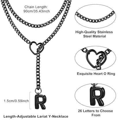 Black Heart Slip Chain Initial Necklaces for Women, Stainless Steel Wrap Choker Necklace, Gothic O-Ring Adjustable Lariat Y Necklaces, Punk Cuban Collar Choker Necklace, Halloween Jewelry Gift - color: Black R