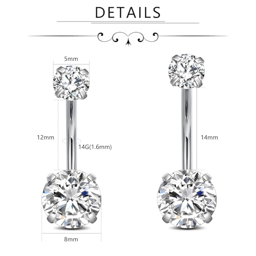 FECTAS 14g Belly Button Rings Surgical Steel CZ Petite Navel Ring for Women Body Piercing Jewelry Petite select Barbell Len 6mm 8mm 10mm 12mm 14mm Silver - style: silver1-2pcs-14&12mm bar