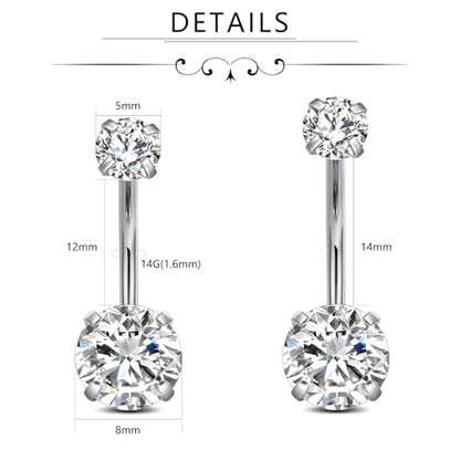 FECTAS 14g Belly Button Rings Surgical Steel CZ Petite Navel Ring for Women Body Piercing Jewelry Petite select Barbell Len 6mm 8mm 10mm 12mm 14mm Silver - style: silver1-2pcs-14&12mm bar