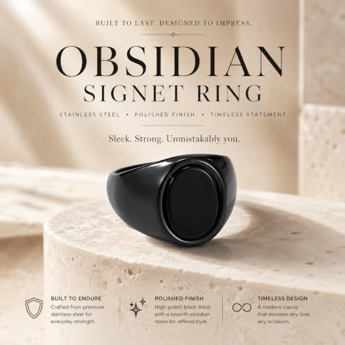 Stainless Steel Black Obsidian Ring for Men Women, Oval Black Stone Signet Ring, Gold Silver Black Tone Wide Band Ring, Polished Stainless Steel Statement Jewelry Gift - color: Black